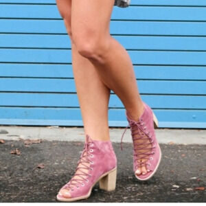 Jeffrey Campbell Lace Up Boots Pink Suede Sandals Gladiator Open Toe
